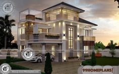 this is a 3d rendering of a modern style house with lots of windows and balconies