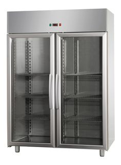 two glass door refrigerators sitting next to each other on display in front of a white background