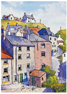 a painting of some buildings on a hill