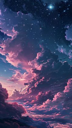 the sky is filled with stars and clouds