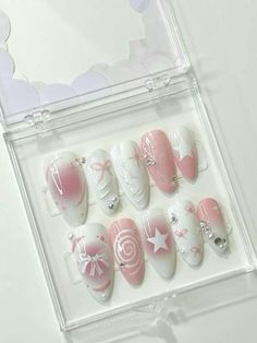 Hello Kitty Nail Inspo Acrylic, Blue Blush Nails, Wait Nails, Svt Nails, Kpop Inspired Nails, Pink And Blue Nails, Korea Nail Art, Tape Nail Art, Korean Nail Art