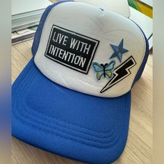 Custom Made Trucker Hat Very Cute And Unique! Never Worn, New. Live With Intention, Custom Trucker Hats, Custom Hats, Trucker Hats, Trucker Hat, Custom Made, Blue White, Color Blue, Blue And White