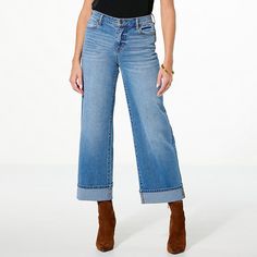 TWRHLL by Christie Brinkley Wide-Leg Cuffed Jean   The choice is yours with this cuffed twist on the classic 5-pocket jean. Its wide, cuffed leg has such a fun, retro feeling and can be uncuffed for a look that's perfectly elevated with a heel or cool and slouchy with a flat or sneaker. Fitness Activewear, Christie Brinkley, Knit Denim, Cuffed Jeans, Leg Cuffs, Pocket Jeans, Jeans Style, Unique Fashion, All Fashion