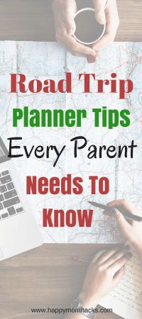 two people sitting at a table with laptops and papers in front of them text reads road trip planner tips every parent needs to know