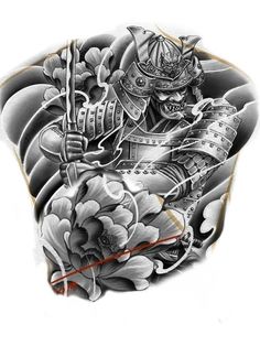 an artistic tattoo design on the back of a man's arm, with flowers and samurai