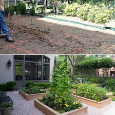 two pictures side by side one shows a garden and the other shows an outdoor area