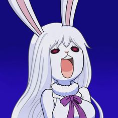 an animated rabbit with long white hair and purple eyes