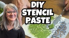 a woman standing in front of a cutting board with greens on it and the words diy stencil paste