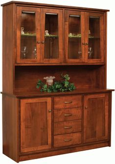 a wooden cabinet with glass doors and drawers