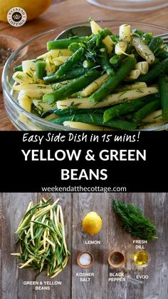 yellow and green beans in a glass bowl with lemons, parsley, dill, garlic, and other ingredients