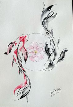 a drawing of two koi fish in a bowl with flowers on the bottom and water around it