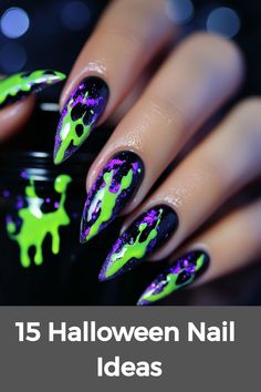 Discover a range of Halloween nail ideas to get into the spooky spirit, whether you rock acrylics or keep it natural. Short nails can look fabulous with minimalistic designs like black cat silhouettes or effortless spider webs. Experiment with almond-shaped nails for a bolder statement, featuring elaborate patterns such as haunted houses or ghostly figures. Whether you prefer sleek black manicures or intricate Halloween-themed artwork, there's a design to suit every taste and style! Nail Art Designs Acrylic Short, Halloween Nails Cat Design, Short Stilleto Nails Halloween, Halloween Themed Nails Short, Glow In Dark Halloween Nails, Halloween Nails Almond Shape Short, Spooky Halloween Nails Almond, Almond Shaped Halloween Nail Designs, Modern Halloween Nails