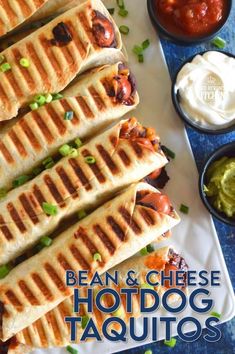 the cover of bean and cheese hod dog taquitos is shown on a white plate