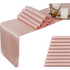 pink table runner with toothbrushes on it and gold plated candle holder in the background