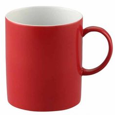 a red and white coffee mug on a white background with the handle extended to one side