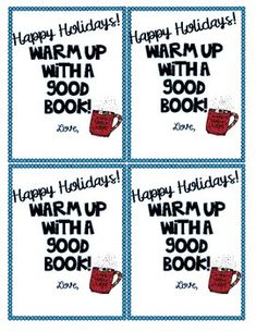 four happy holidays book labels with coffee mugs