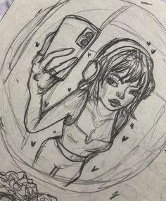 a drawing of a woman holding a cell phone