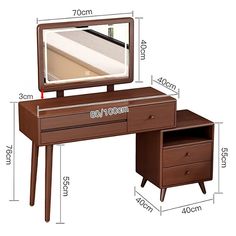 an image of a dressing table with mirror and drawers on the bottom half, measurements for each drawer