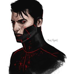 a drawing of a man with blood all over his face and neck, looking to the side