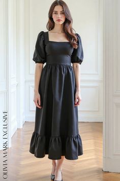 Olivia Mark - Elegant Satin Midi Dress with Square Neckline and Puffy Sleeves Dress With Puffed Sleeves, Dress With Square Neckline, Satin Midi Dress, Puffy Sleeves, Square Necklines, Puffed Sleeves, The Night Sky, Olivia Mark, Square Neckline