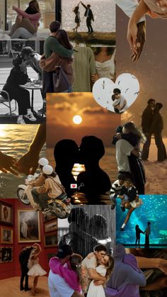 a collage of photos with people and pictures on them, including an image of a man kissing a woman