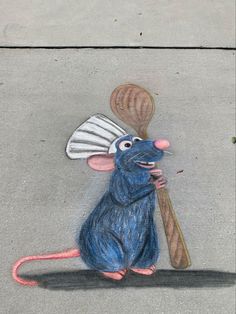 a drawing of a rat with a fan on it's head holding a baseball bat