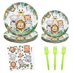 a set of children's dinnerware with jungle animals on the plates and green forks