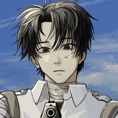 an anime character with black hair and white shirt holding a camera in front of blue sky