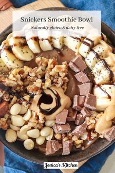 a bowl filled with bananas, nuts and chocolate