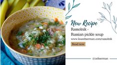 a bowl of soup with carrots, onions and other vegetables in it next to a menu for new recipe