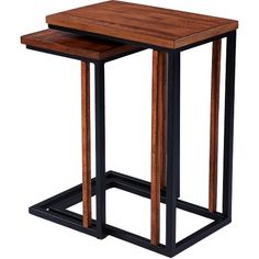 two tables made out of wood and metal with one sitting on the other end table