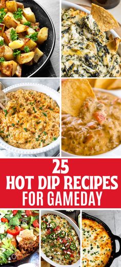 Photos collage of hot dip recipes. Football Hot Dips, Hot Dips And Appetizers, Best Game Day Dips Football Parties, Best Football Dip Ever, Healthy Game Day Dips, Best Game Day Dips, Hot Dips For Thanksgiving, Dips For Game Day, Football Party Dips Appetizers