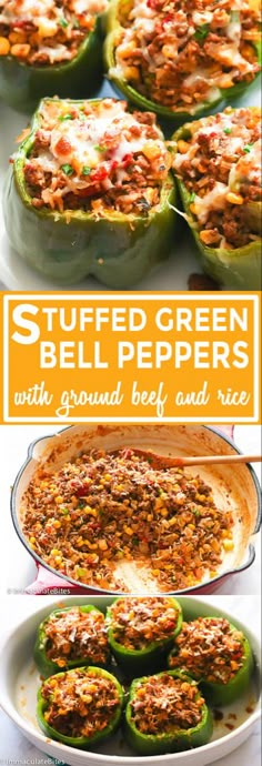 stuffed green bell peppers with ground beef and rice in a casserole dish on a white plate