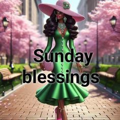 a woman in a green dress and pink hat with the words sunday blessing on it