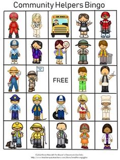 the community helpers bingo game is filled with people and their families to play it's free