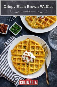 crispy hash brown waffles with sour cream and chives on the side