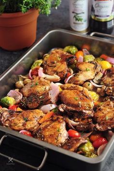 a pan filled with chicken and vegetables on top of a counter next to a potted plant