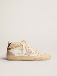 Women's Mid Star with star in light gray suede and gold flash | Golden Goose Golden Goose Mid Star, Golden Goose Mid, Designer Sneakers Women, Light Sneakers, Exclusive Sneakers, Mid Top, Star Sneakers, Black Leather Heels, Gray Suede