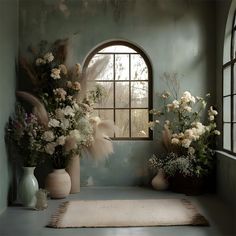 vases filled with flowers sitting on top of a rug in front of a window