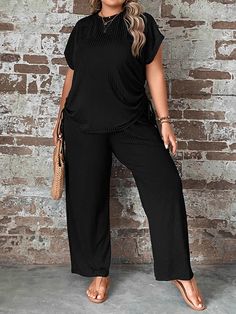 Plus Size Women Drawstring Batwing Sleeve T-Shirt And Wide Leg Loose Casual Pants Set For Summer Black Casual    Plain  Medium Stretch  Women Plus Clothing, size features are:Bust: ,Length: ,Sleeve Length: Black Romper Shorts, Wide Leg Pant Suit, Plus Size Mini Dresses, Midi Dress Plus Size, Plus Size Romper, Pants Suit, Plus Size Jumpsuit, Plus Size Pants, Plus Size Shorts