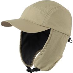 the hat is tan and has a black brimmed visor on top of it