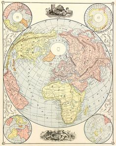 an old map shows the world in different colors