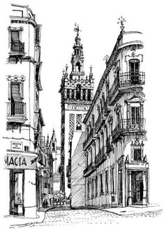 a black and white drawing of an old european street with tall buildings in the background