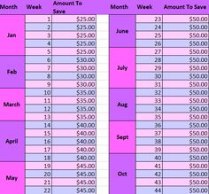 a pink and purple calendar with dates for each month