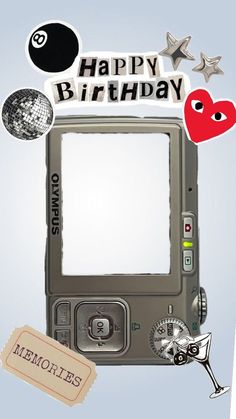 a happy birthday card with an old cell phone and some stickers on the screen