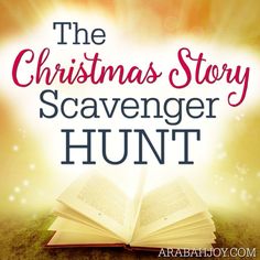 the christmas story scavenger hunt with an open book in front of bright lights