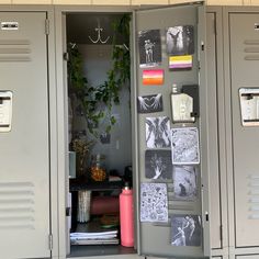 the lockers are full of pictures and magnets to keep things organized, including plants