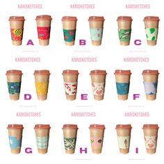 there are many different types of coffee cups on this page, and each one is labeled with the letter d