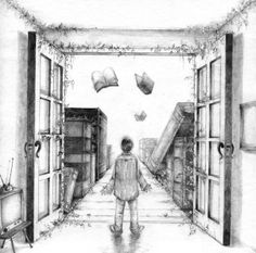 a drawing of a person standing in front of an open door with books falling from the ceiling