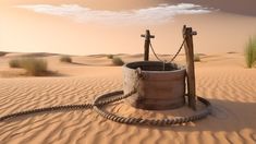 there is a bucket in the sand with two crosses on it and a rope around it